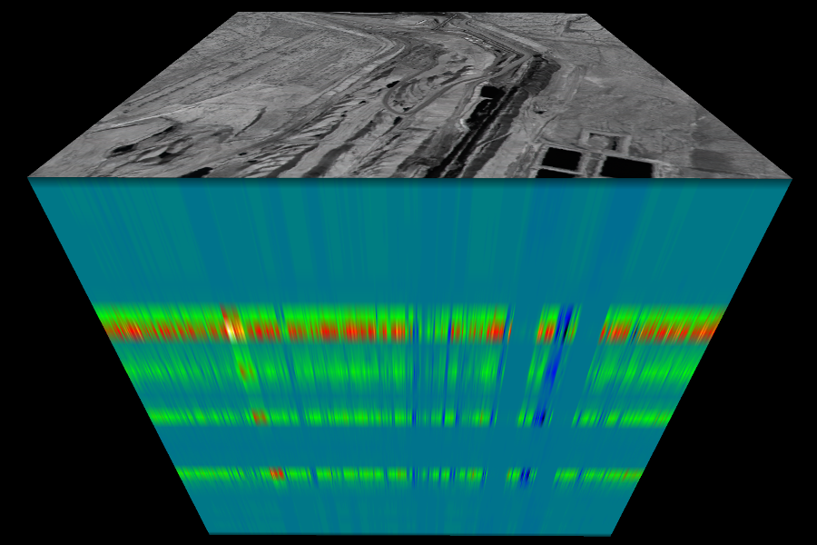 Three-dimensional visualization of hyperspectral imagery
displaying spectral bands
